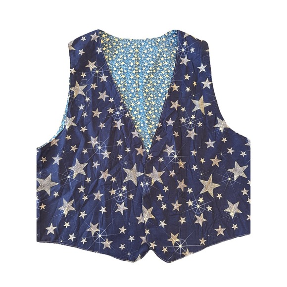 Handmade Jackets & Blazers - Vintage Handmade Holiday Vest Blue Stars One‎ Size Reversible Cabin Cottagecore